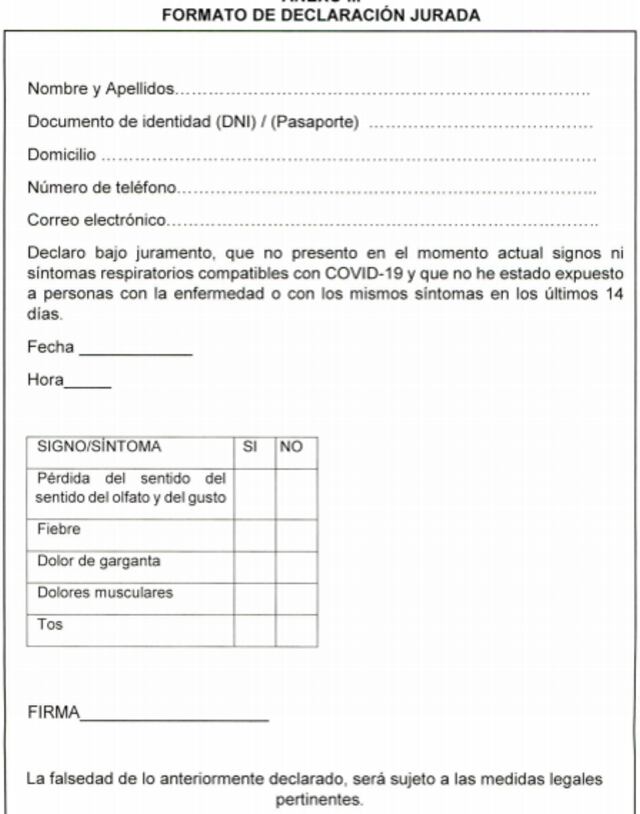 Declaración jurada para pasajeros. (Fuente: MTC)