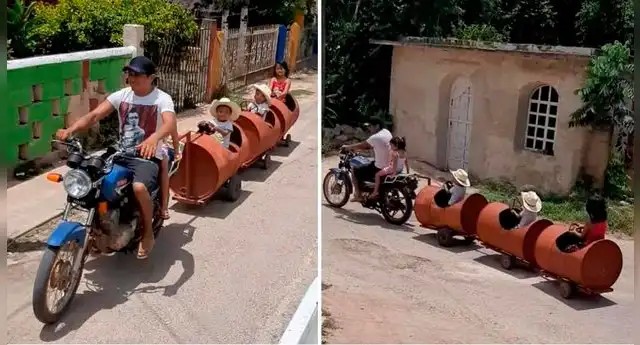 El ingenioso papá hizo uso de su motocicleta, unas llantas, y tres barriles de metal, a las que unió con vigas. El ingenioso papá hizo uso de su motocicleta, unas llantas, y tres barriles de metal, a las que unió con vigas.