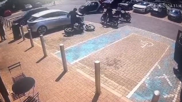 But the unlucky wrongdoer then darts back and hauls the bike back up onto its wheels