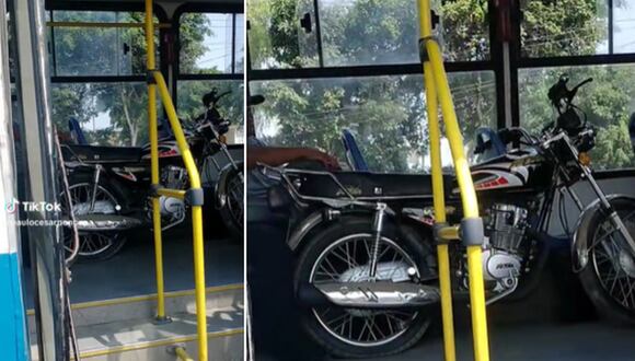 En esta imagen se aprecia una motocicleta dentro de un bus. (Foto: @paulocesarponcepa / TikTok)