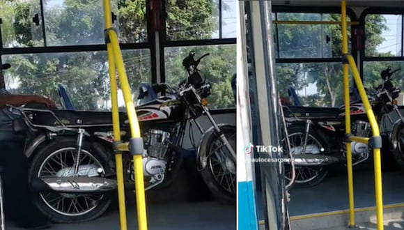 En esta imagen se aprecia una motocicleta dentro de un bus. (Foto: @paulocesarponcepa / TikTok)