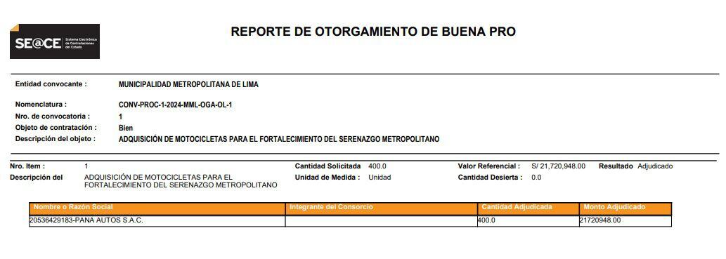 Acta de otorgamiento de la buena pro a la empresa por parte de la Municipalidad de Lima.