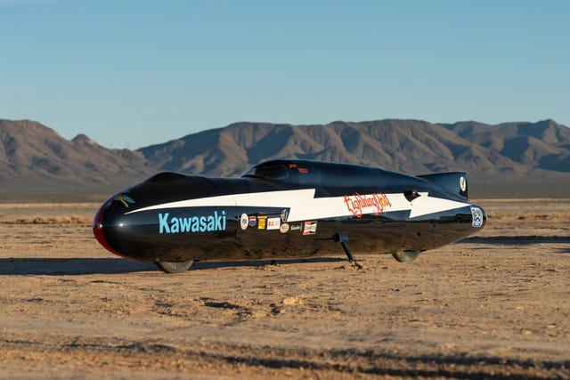 streamlined racing motorcycle in a desert setting