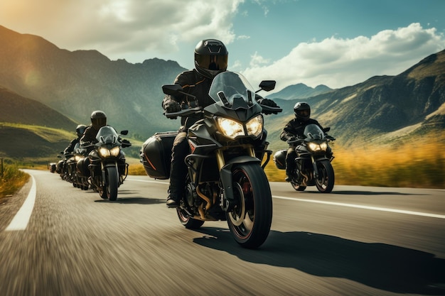 Una reunión de motociclistas viajando juntos un grupo de motociclistas manejan motocicletas rápidas en una carretera vacía contra un hermoso cielo nublado las motos deportivas son rápidas y divertidas de manejar |